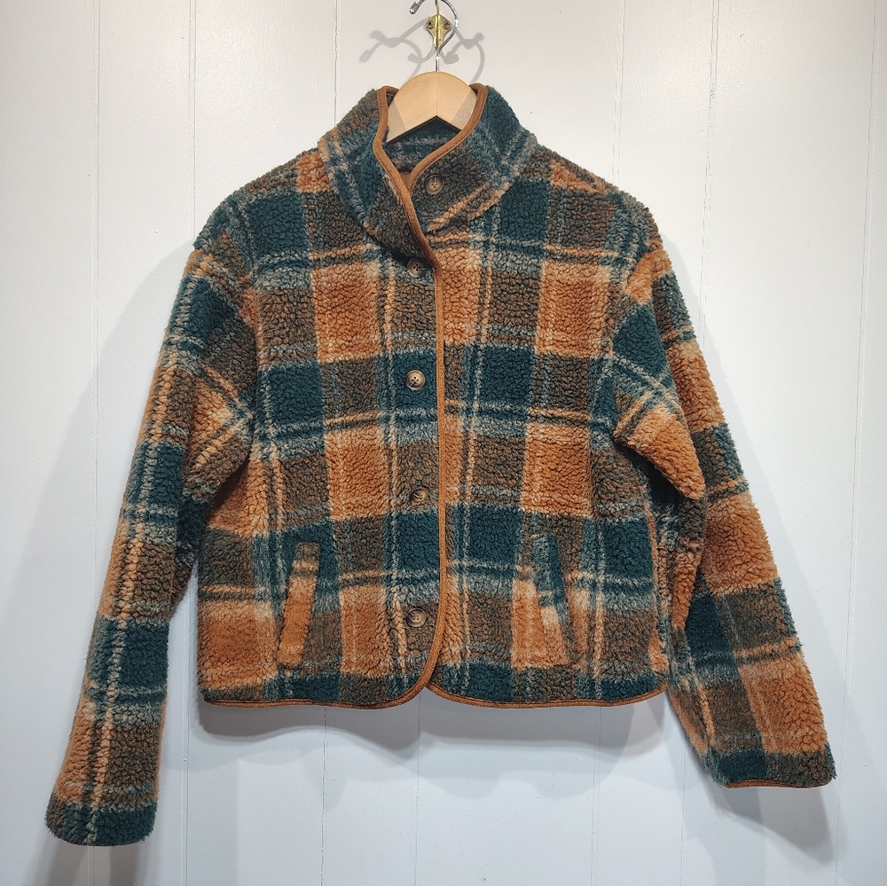 Cider Plaid Sherpa Jacket Size M Teddy Fleece Coat Brown Green Button Front Cozy